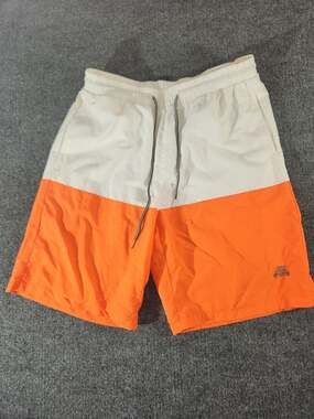 Brunello Cucinelli Logo Colorblock Swim Trunks Orange/White